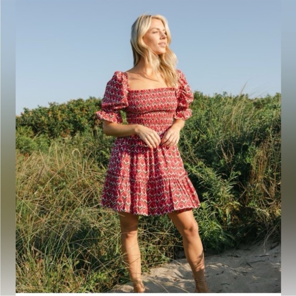 Mon Coco 100% Cotton Smocked Floral Mini dress  with Puffed Sleeves Extra Small